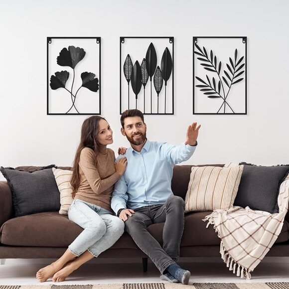 New 3pcs Black Wall Decor Metal Wall Art Modern Minimalist Metal Leaf Wall Decor - Picture 7 of 8